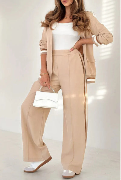 2 Pcs Set Women Suit Coat Pants Suit Lapel Long Sleeves Lady Jacket Wide Leg High Waist Trousers Female Commuting Office Outfit