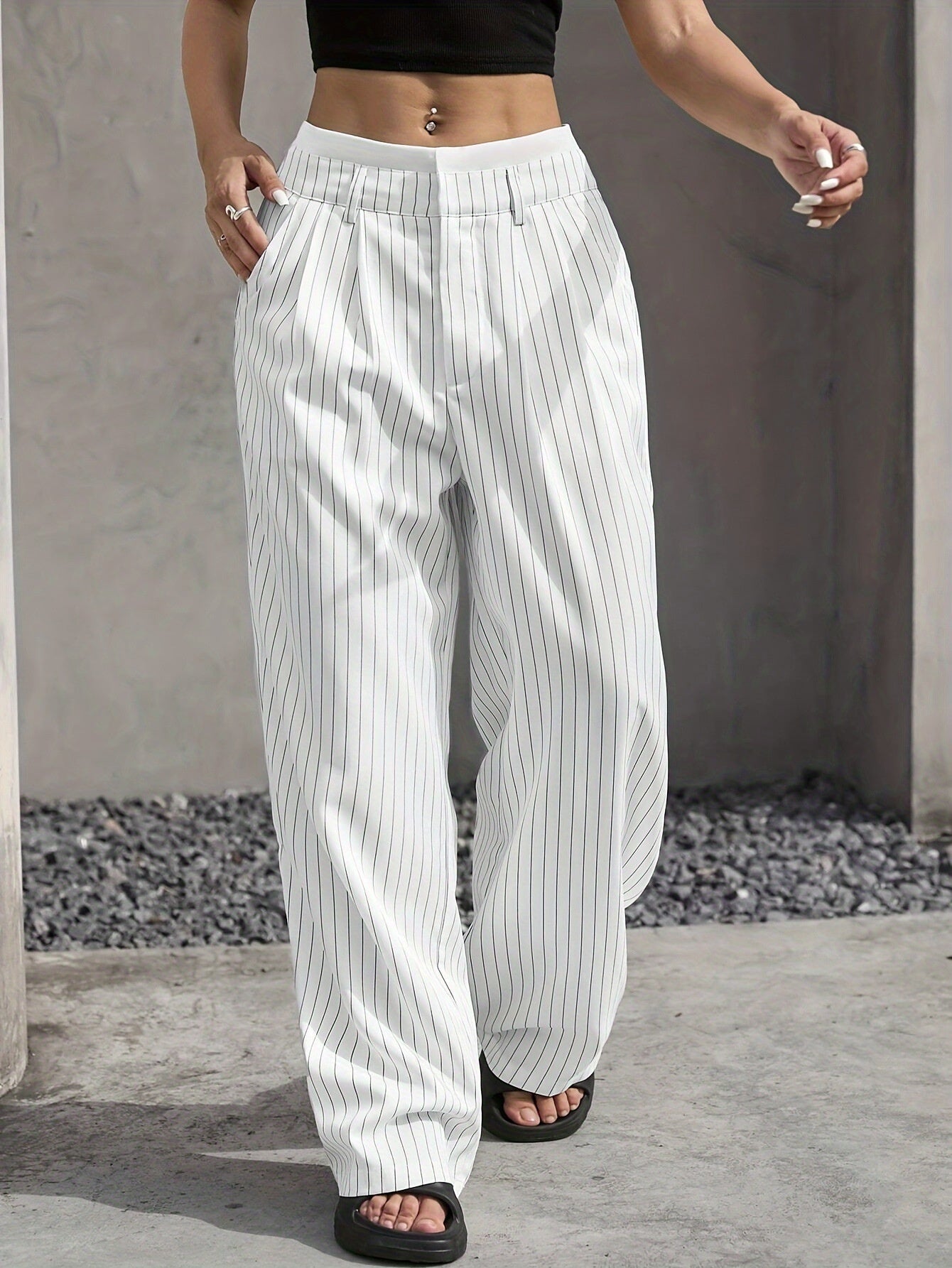 Stripe Printed Trousers Fashion High Waist Straight Leg Pants With Pocket Zipper Casual Suit Pants For Women