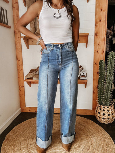 Women's Fashion Casual Washed Stretch Mid-rise Straight Leg Jeans