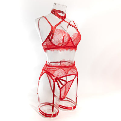 Womens Sexy Lace Lingerie Thin Hollow-Out Bra Set