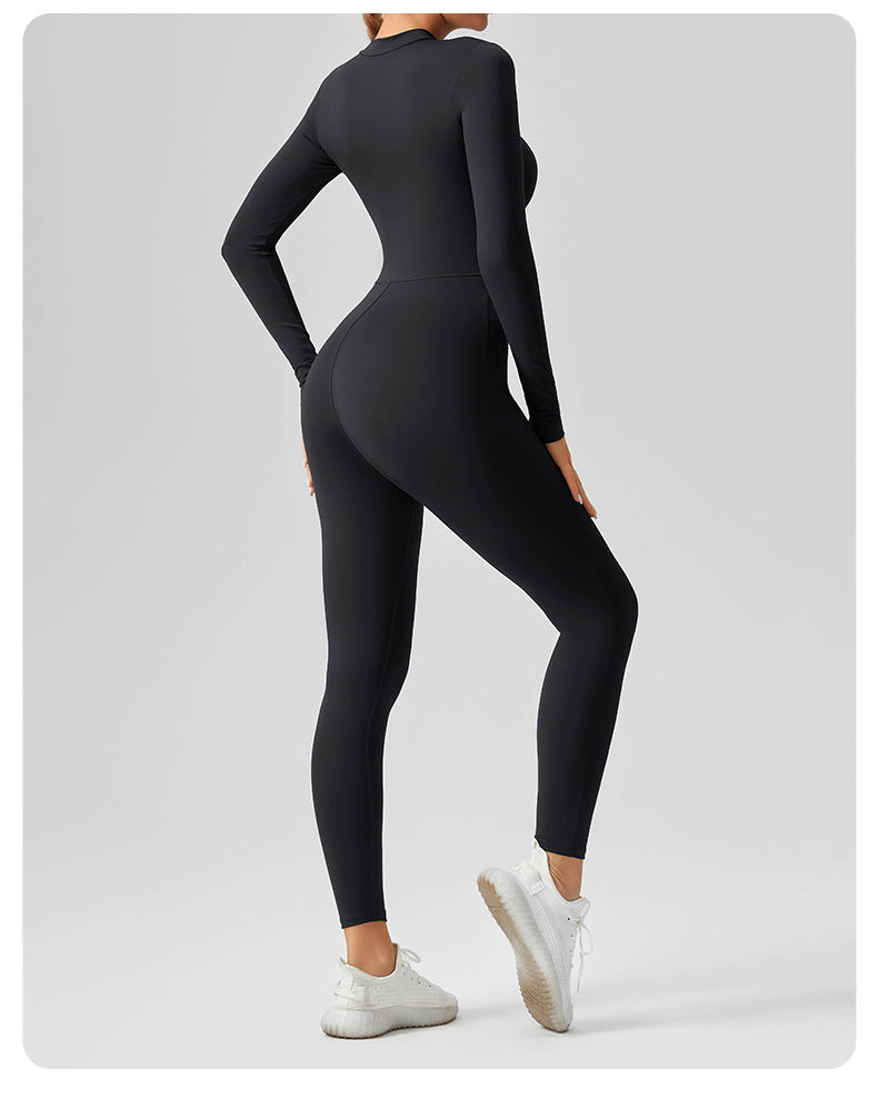 Women's Solid Color Casual Half Long-sleeve Zipper Jumpsuit