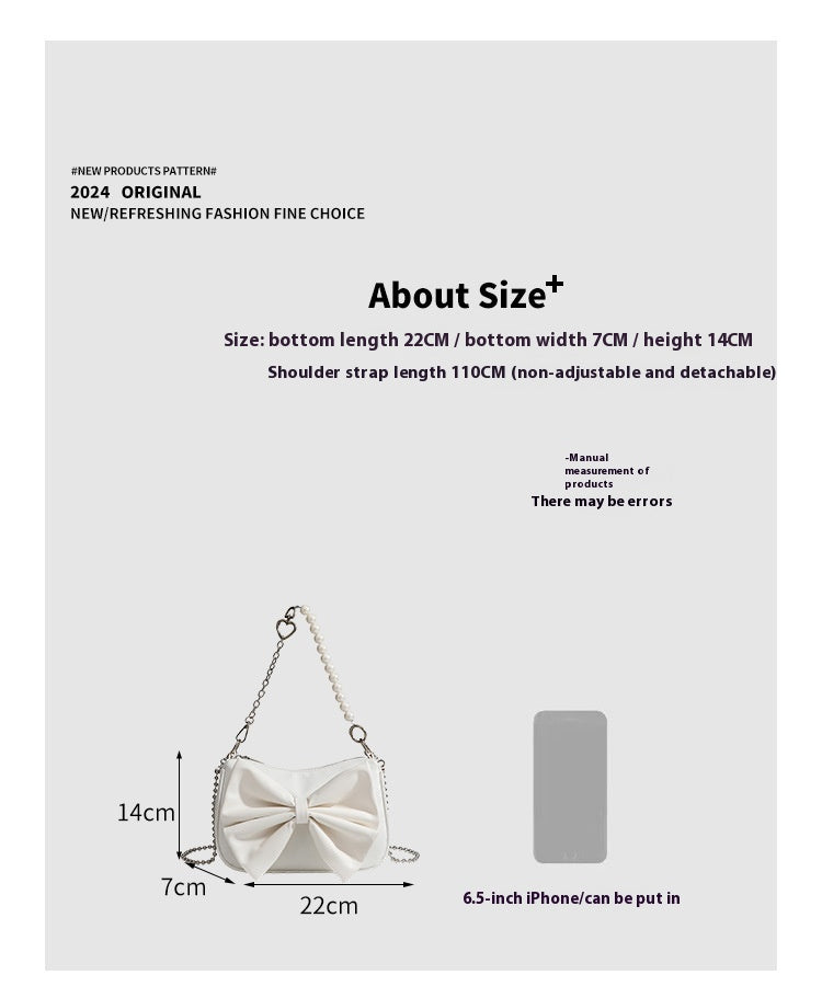 Black White PU Bow Handbags Autumn Winter Ladies Underarm Tote Bags Fashion Simple Pearl Chain Shoulder Bag Small Purse