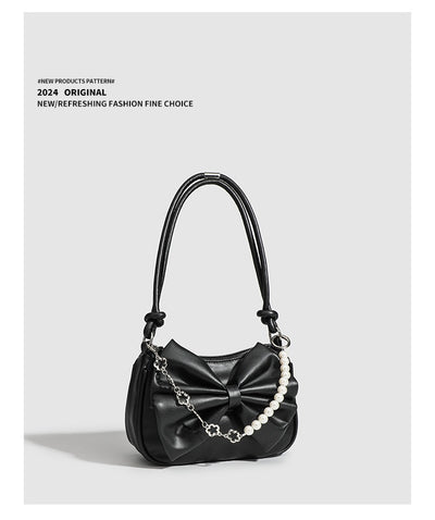 Black White PU Bow Handbags Autumn Winter Ladies Underarm Tote Bags Fashion Simple Pearl Chain Shoulder Bag Small Purse