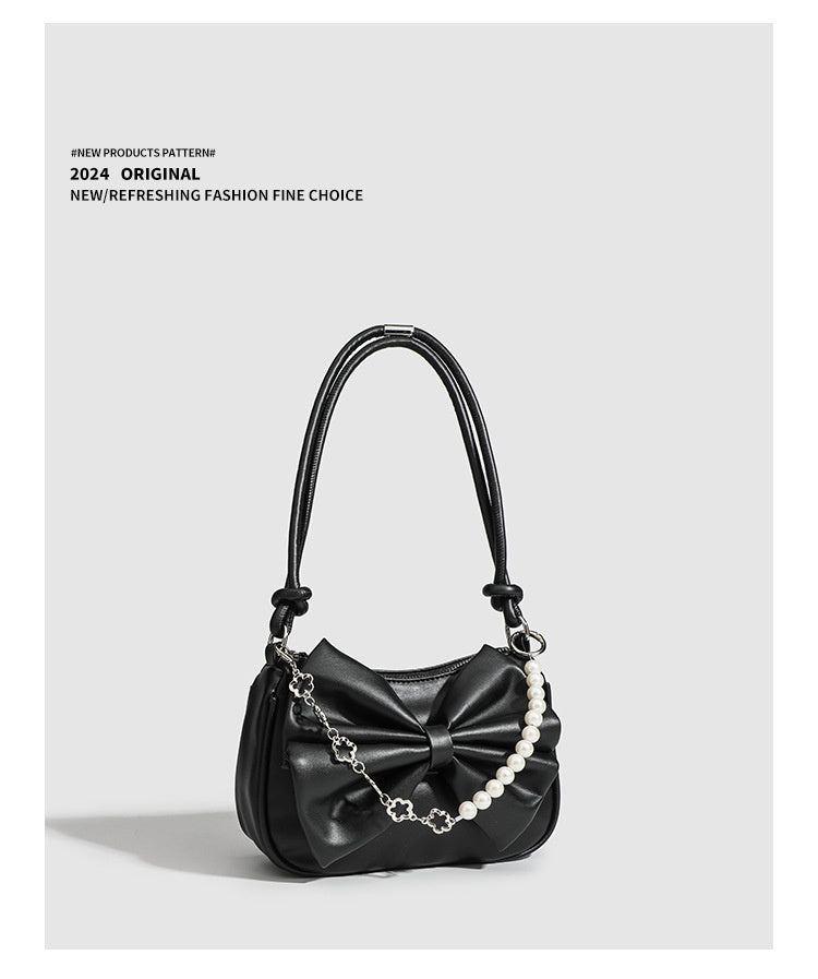 Black White PU Bow Handbags Autumn Winter Ladies Underarm Tote Bags Fashion Simple Pearl Chain Shoulder Bag Small Purse