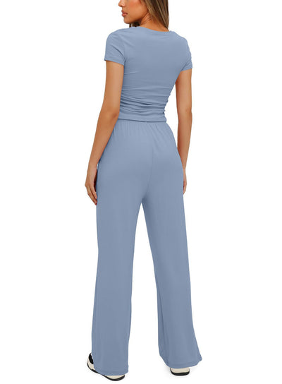 2pcs Solid Color Casual Sports Yoga Suit Short-sleeved Top And High-waisted Drawstring Wide-leg Pants Summer Fashion Set For Womens Clothing