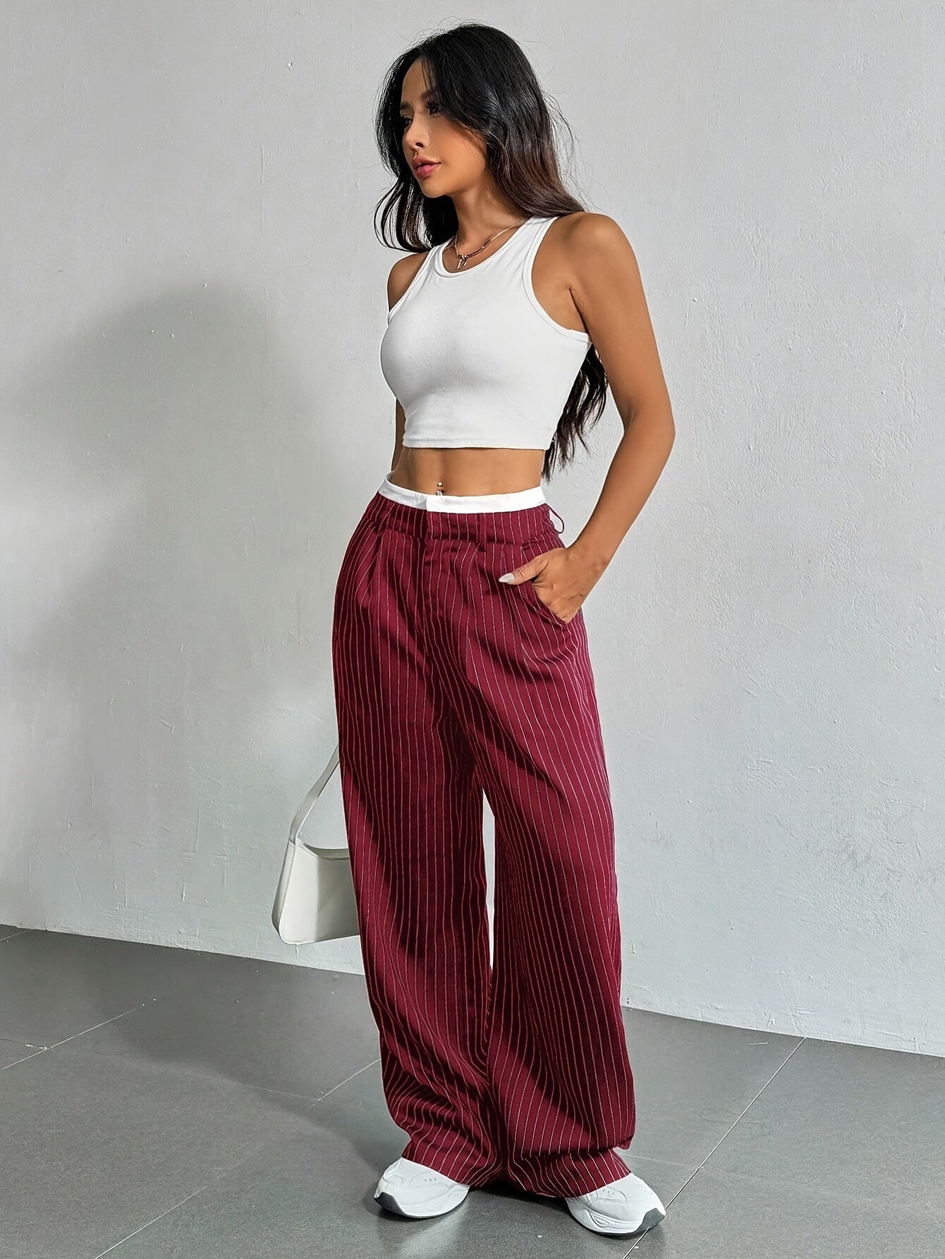 Stripe Printed Trousers Fashion High Waist Straight Leg Pants With Pocket Zipper Casual Suit Pants For Women