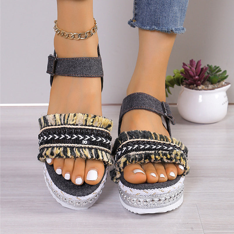 Fashion Tassel Denim Sandals With Thick-soled Flat Heel New Summer Hemp Rope Sole Ethnic Style Shoes For Women