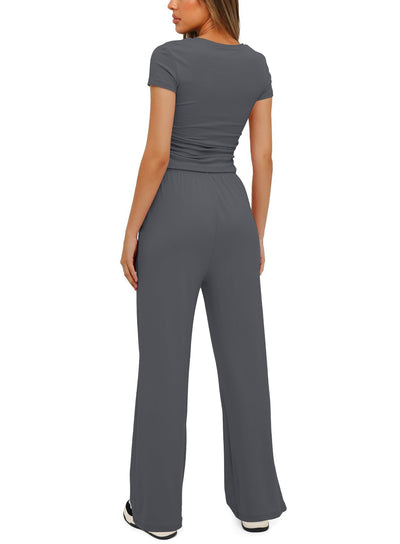 2pcs Solid Color Casual Sports Yoga Suit Short-sleeved Top And High-waisted Drawstring Wide-leg Pants Summer Fashion Set For Womens Clothing