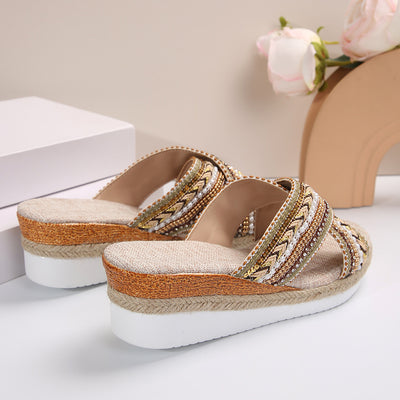 Linen Wedge Sandals Summer Ethnic Style Cross-strap Sandals For Women Non-slip Slides Beach Shoes
