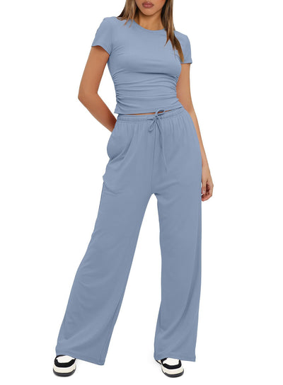 2pcs Solid Color Casual Sports Yoga Suit Short-sleeved Top And High-waisted Drawstring Wide-leg Pants Summer Fashion Set For Womens Clothing