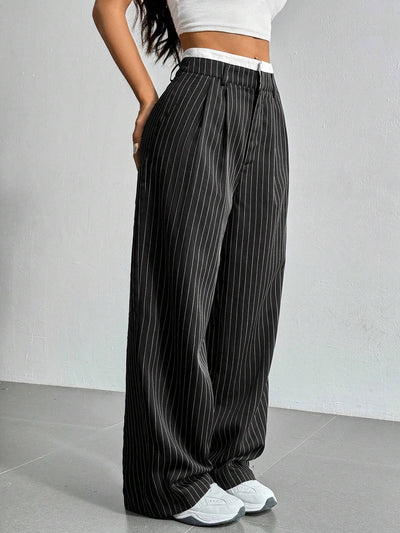 Stripe Printed Trousers Fashion High Waist Straight Leg Pants With Pocket Zipper Casual Suit Pants For Women