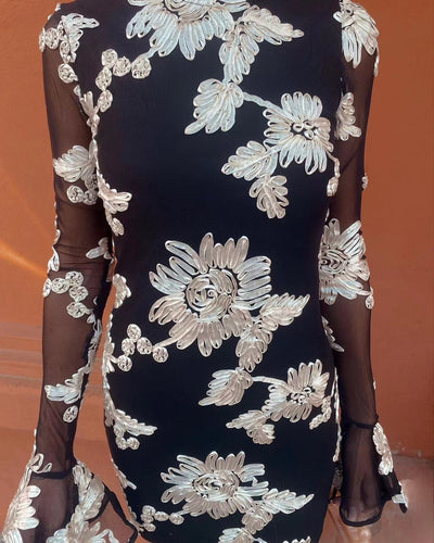 Flowers Bell-sleeved Dress Fashion Sexy Slim Long-sleeved Mesh Dresses For Party Club Women Clothing