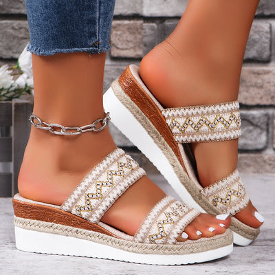 Fashion Wavy Pattern Woven Sandals Summer Casual Ethnic Style Slippers Linen Bottom Wide Strap Wedges Shoes For Women