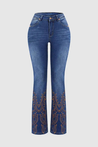 Womens Retro Beaded Embroidered Stretch Denim Jeans