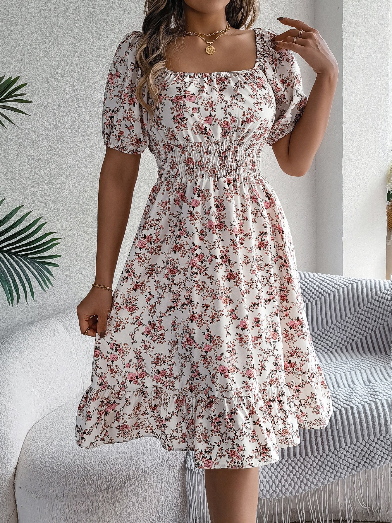 Floral Print Square Collar Dress Summer Fashion Ruffles Dresses Women's Clothing