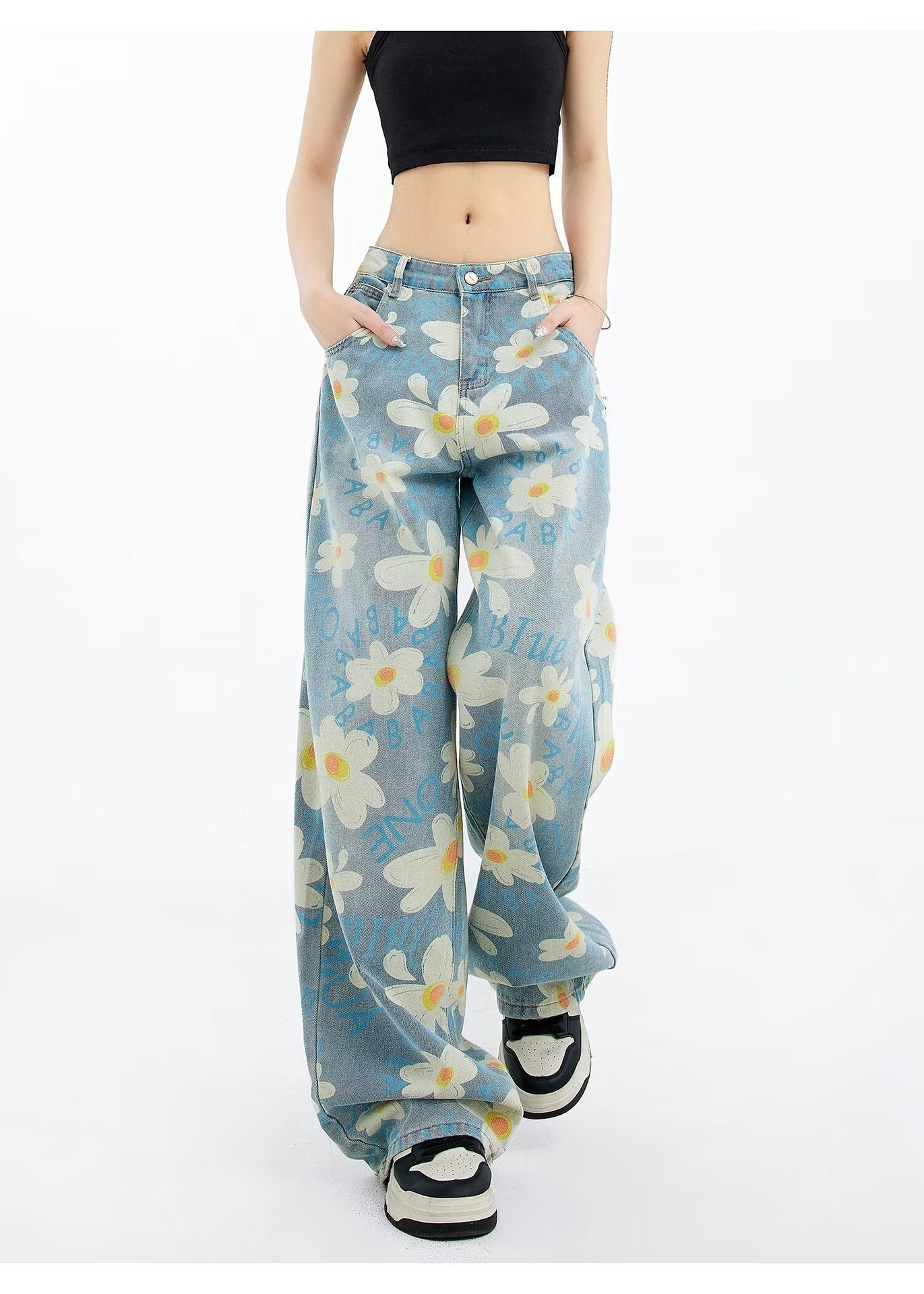 New Summer Printed Floral Wide-leg Washed Jeans For Women