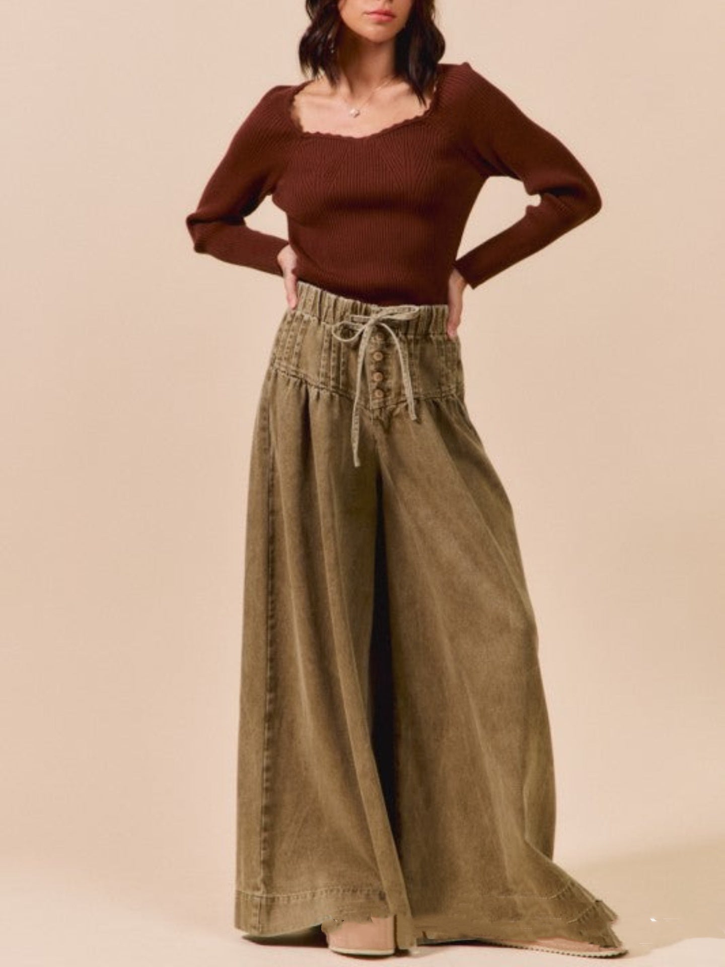 Womens Pleated Mid-Waist Lace-Up Loose Wide-Leg Denim Jeans