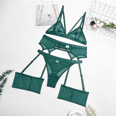 Womens Lace Sheer Lingerie 3-Piece Set