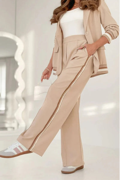 2 Pcs Set Women Suit Coat Pants Suit Lapel Long Sleeves Lady Jacket Wide Leg High Waist Trousers Female Commuting Office Outfit