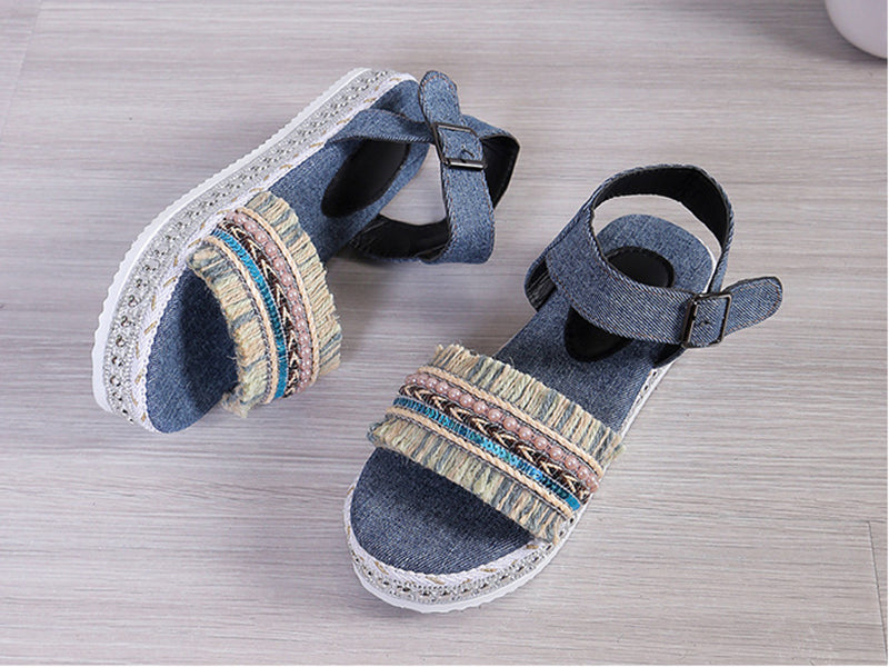 Fashion Tassel Denim Sandals With Thick-soled Flat Heel New Summer Hemp Rope Sole Ethnic Style Shoes For Women