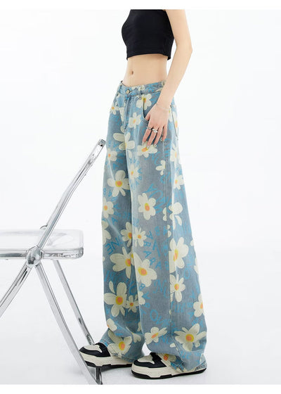 New Summer Printed Floral Wide-leg Washed Jeans For Women