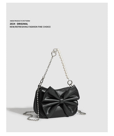 Black White PU Bow Handbags Autumn Winter Ladies Underarm Tote Bags Fashion Simple Pearl Chain Shoulder Bag Small Purse