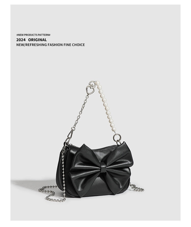 Black White PU Bow Handbags Autumn Winter Ladies Underarm Tote Bags Fashion Simple Pearl Chain Shoulder Bag Small Purse