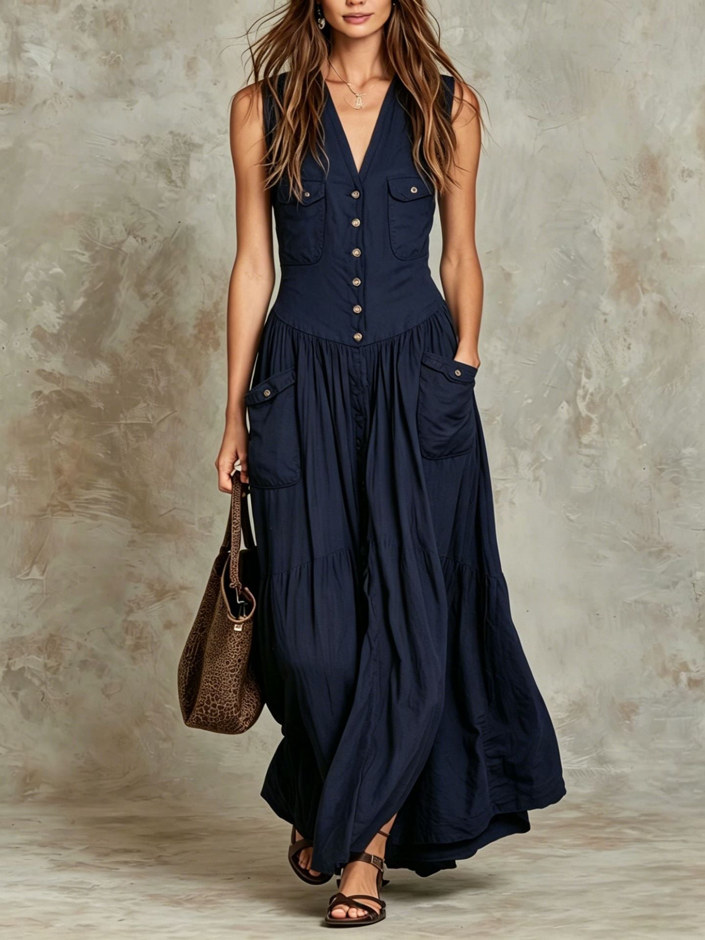 Relaxed-fit Sleeveless Casual V-neck Vintage Dress With Buttons