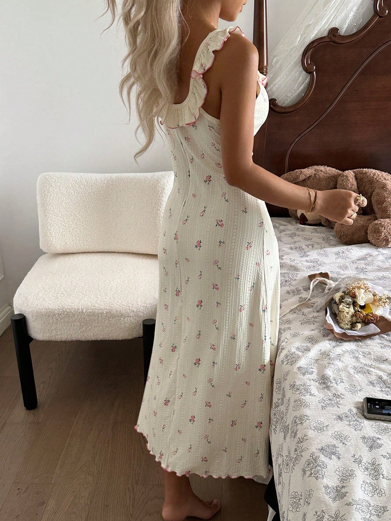 Small Floral Print Ribbed Fabric Ruffled-edged Strap Maxi-length Sleepwear