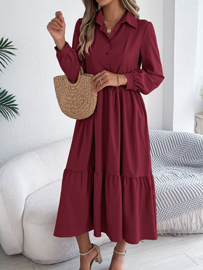 Women's Lapel Casual Loose Long Sleeve Ruffled Shirt Dresses Long Sleeved Turn-down Collar Single-Breasted Dress Spring Autumn Fashion Women's Clothing For Vacation