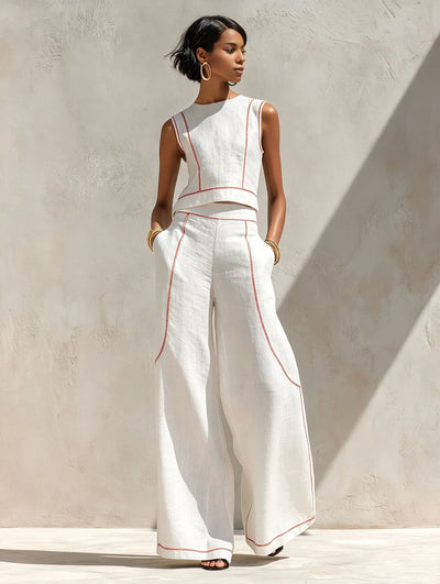 Sleeveless Color-Block Wide-Leg Pants Set Womens Summer Casual Chic Two-Piece Outfit