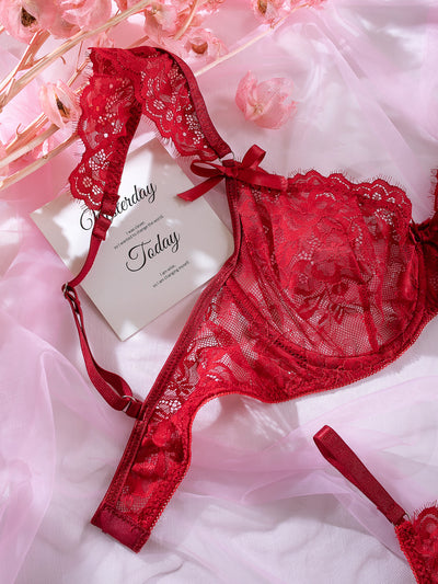 Lace Ruffle-Cuffed Sleeve Bow-Trim Sexy Lingerie Set For Women