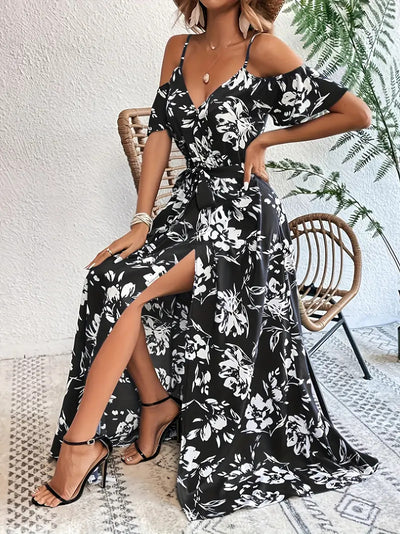 Ins Off-Shoulder Split Dress Summer Floral Print Suspender Long Dresses With Belt Design Women's Beach Clothing