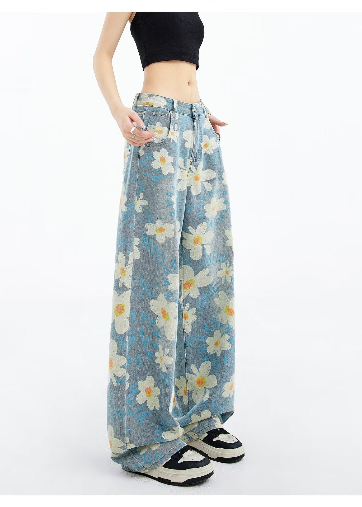 New Summer Printed Floral Wide-leg Washed Jeans For Women