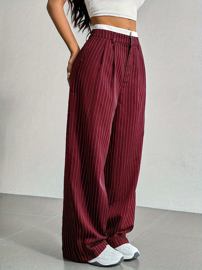 Stripe Printed Trousers Fashion High Waist Straight Leg Pants With Pocket Zipper Casual Suit Pants For Women