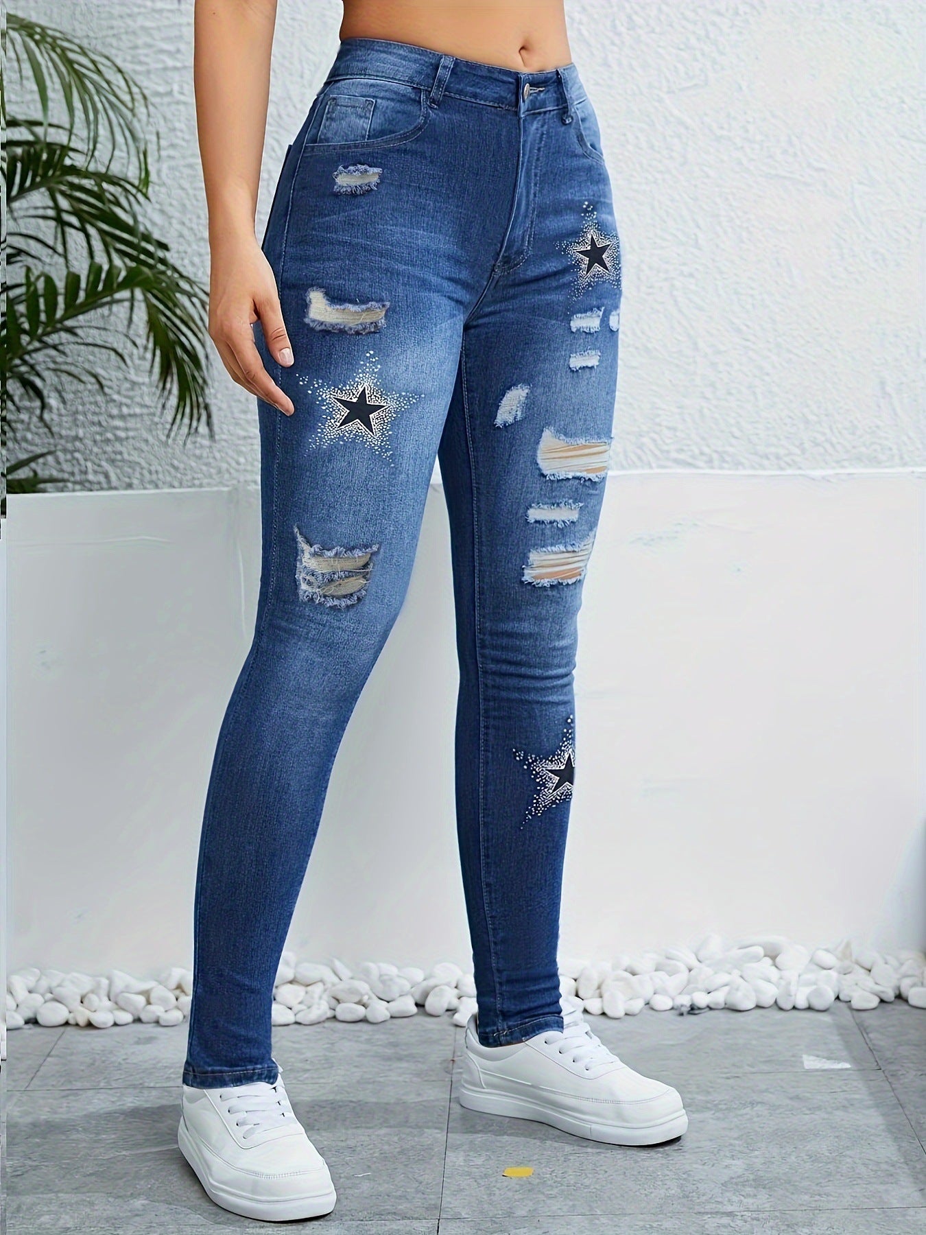 Stylish Ripped Distressed Color-blocked Versatile Star-print Skinny Denim Jeans