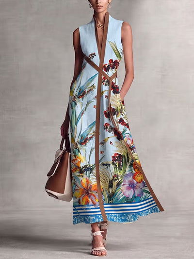 Sleeveless Long V-neck Printed Patchwork Dress