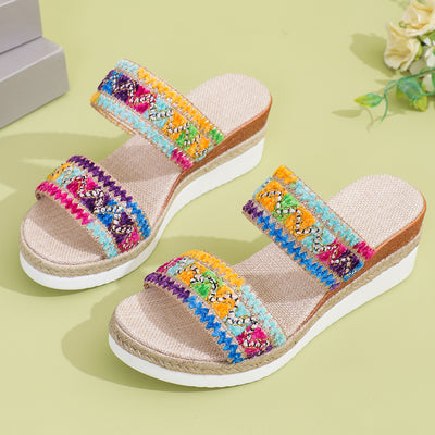 Fashion Wavy Pattern Woven Sandals Summer Casual Ethnic Style Slippers Linen Bottom Wide Strap Wedges Shoes For Women