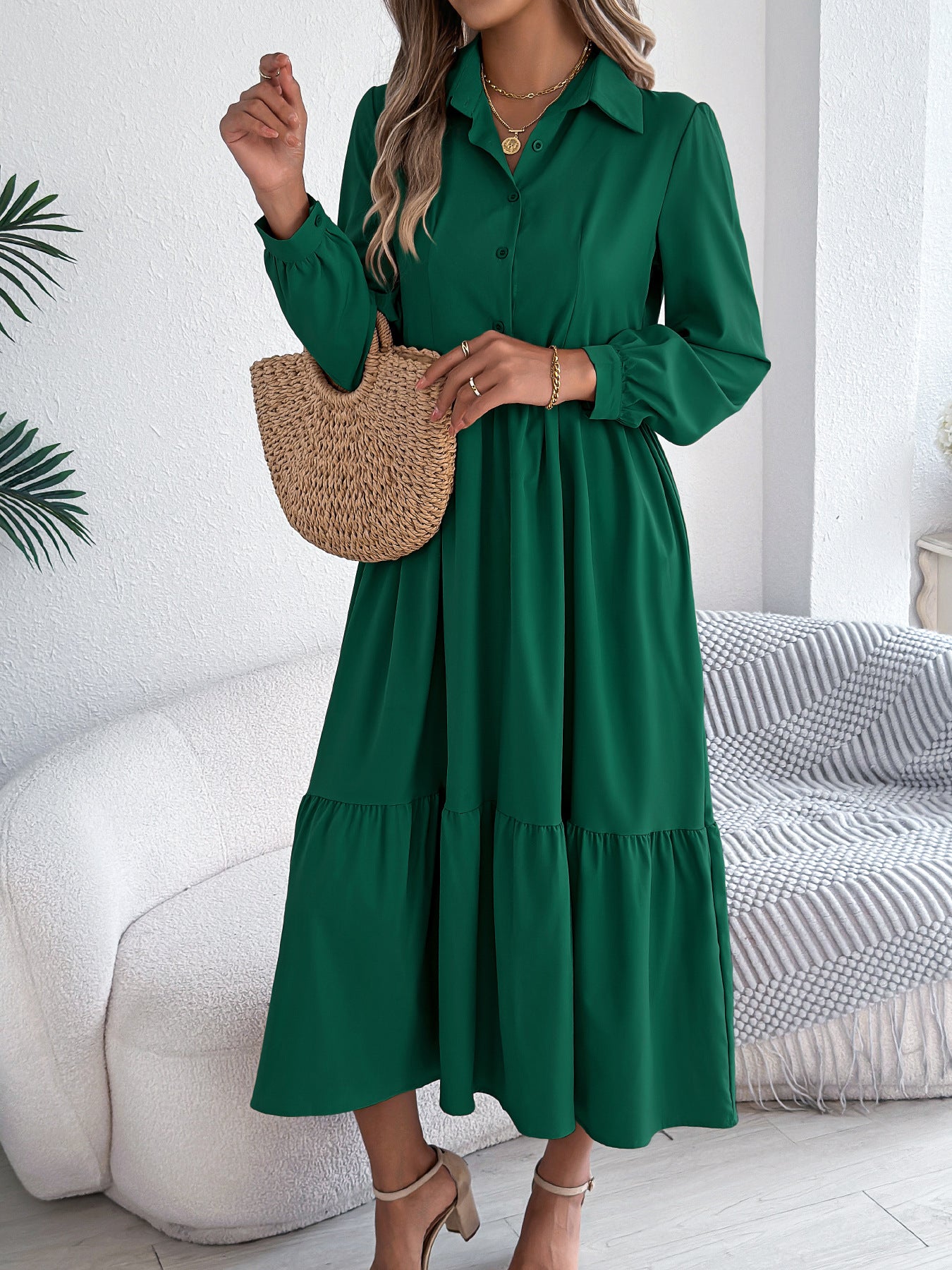 Women's Lapel Casual Loose Long Sleeve Ruffled Shirt Dresses Long Sleeved Turn-down Collar Single-Breasted Dress Spring Autumn Fashion Women's Clothing For Vacation