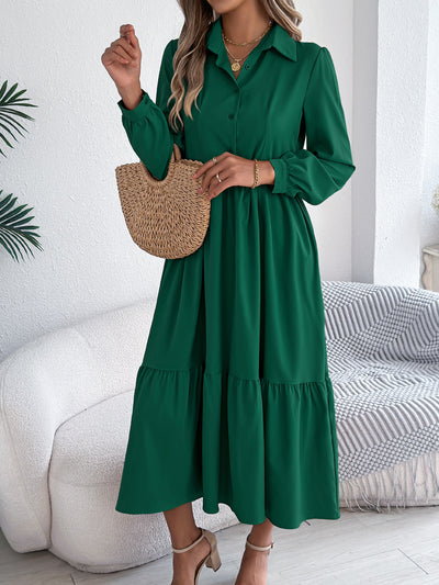 Women's Lapel Casual Loose Long Sleeve Ruffled Shirt Dresses Long Sleeved Turn-down Collar Single-Breasted Dress Spring Autumn Fashion Women's Clothing For Vacation