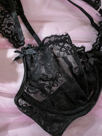 Lace Ruffle-Cuffed Sleeve Bow-Trim Sexy Lingerie Set For Women