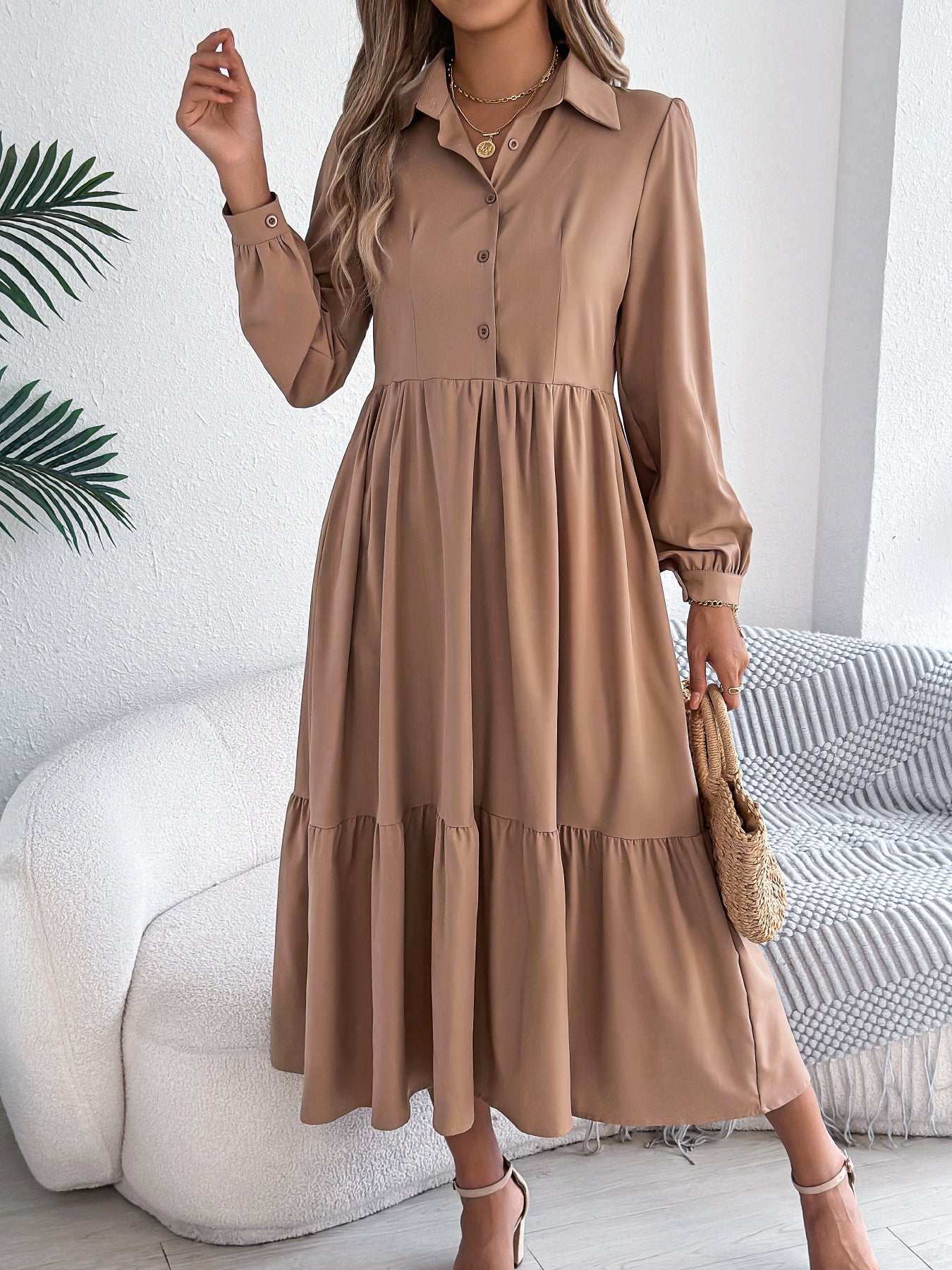 Women's Lapel Casual Loose Long Sleeve Ruffled Shirt Dresses Long Sleeved Turn-down Collar Single-Breasted Dress Spring Autumn Fashion Women's Clothing For Vacation
