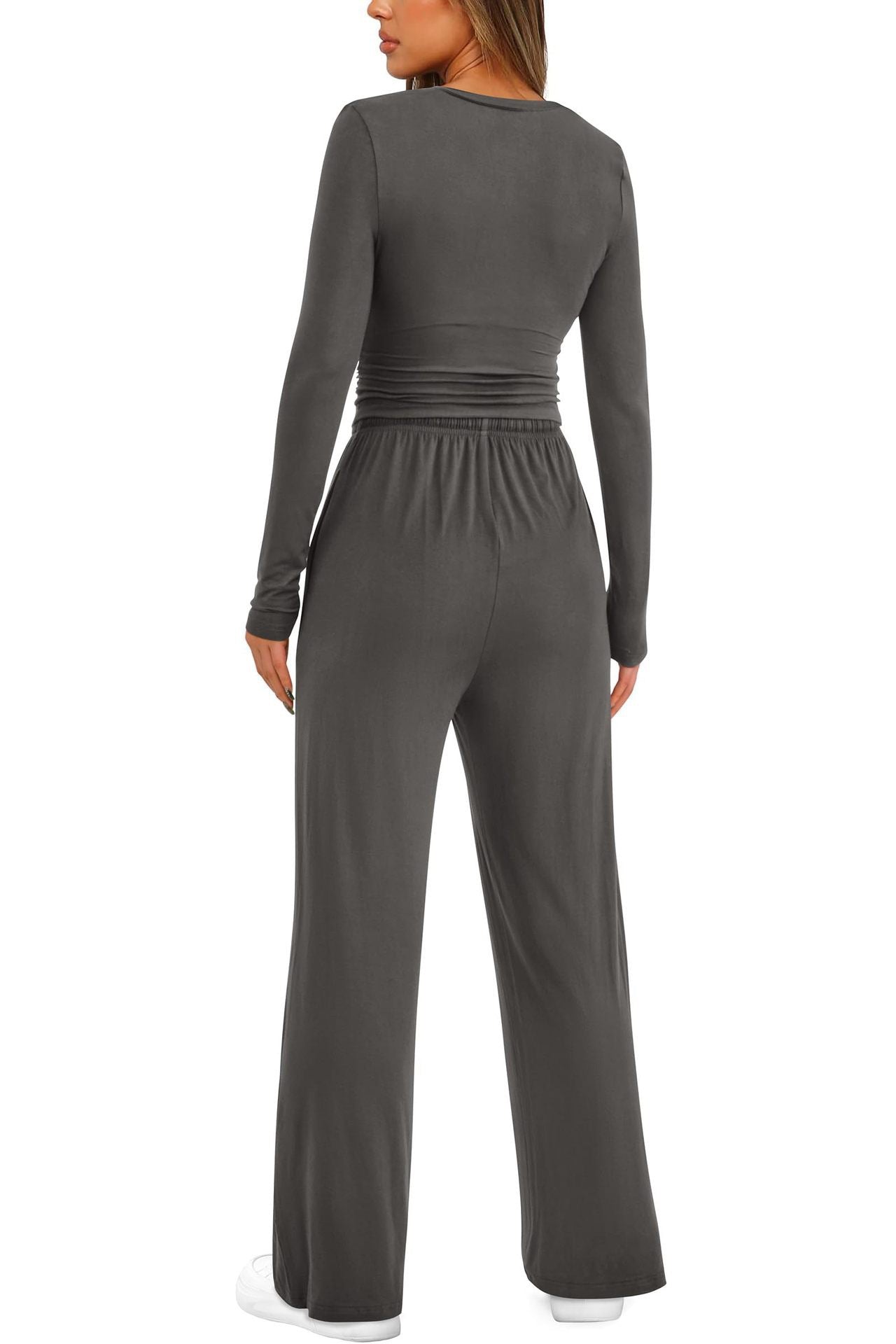 2 Pieces Women's Suit Autumn Winte Long Sleeve Tops High Waisted Wide Leg Pants Sportswear Female Clothes Solid Color Casual Suit