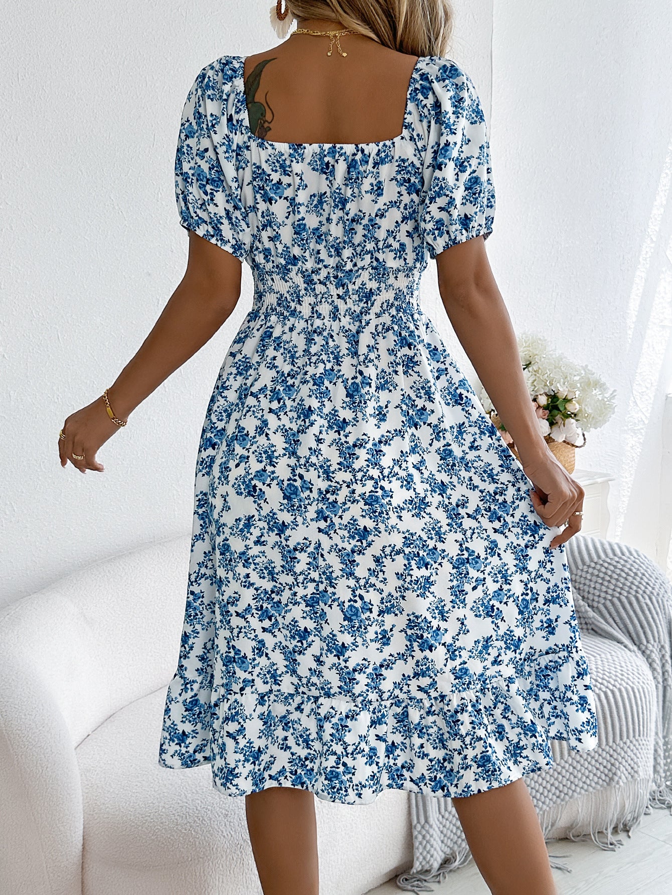 Floral Print Square Collar Dress Summer Fashion Ruffles Dresses Women's Clothing