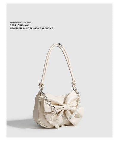 Black White PU Bow Handbags Autumn Winter Ladies Underarm Tote Bags Fashion Simple Pearl Chain Shoulder Bag Small Purse
