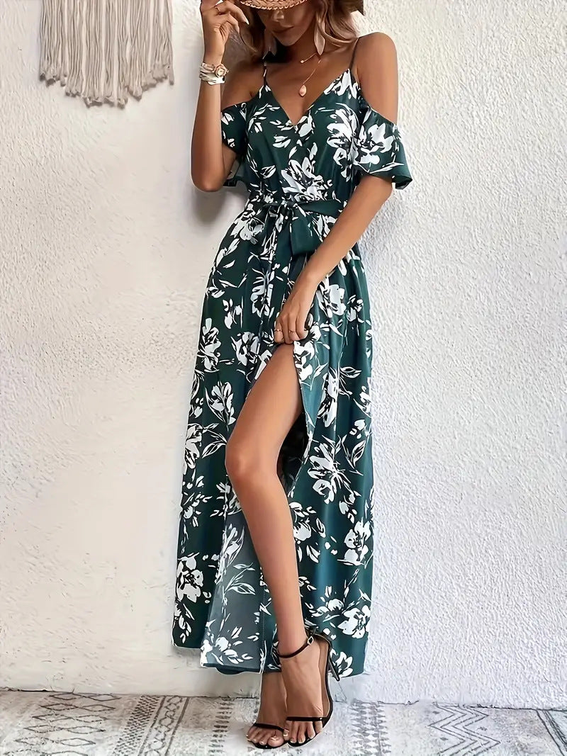 Ins Off-Shoulder Split Dress Summer Floral Print Suspender Long Dresses With Belt Design Women's Beach Clothing