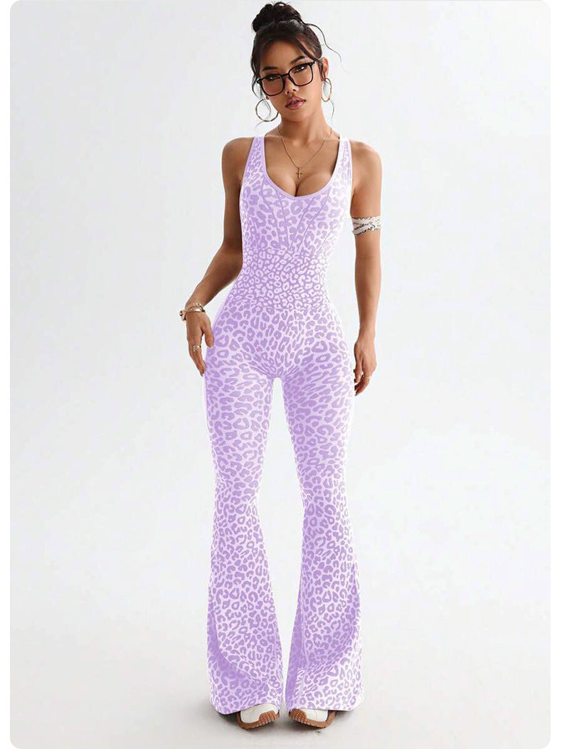 Women's Casual Sports Leopard Print Cross Beauty Back Jumpsuit