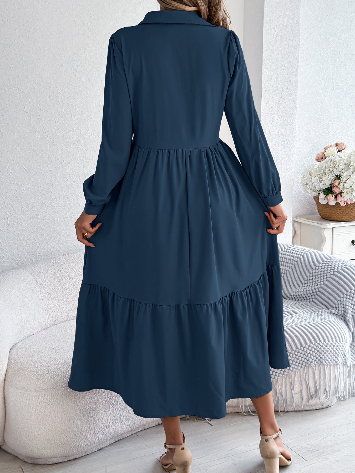 Women's Lapel Casual Loose Long Sleeve Ruffled Shirt Dresses Long Sleeved Turn-down Collar Single-Breasted Dress Spring Autumn Fashion Women's Clothing For Vacation