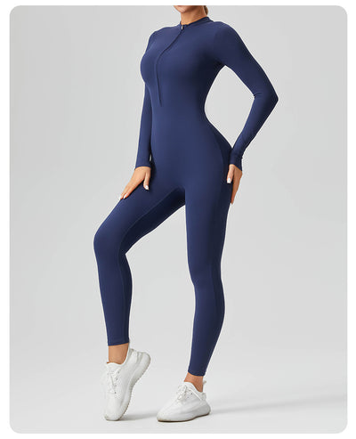 Women's Solid Color Casual Half Long-sleeve Zipper Jumpsuit