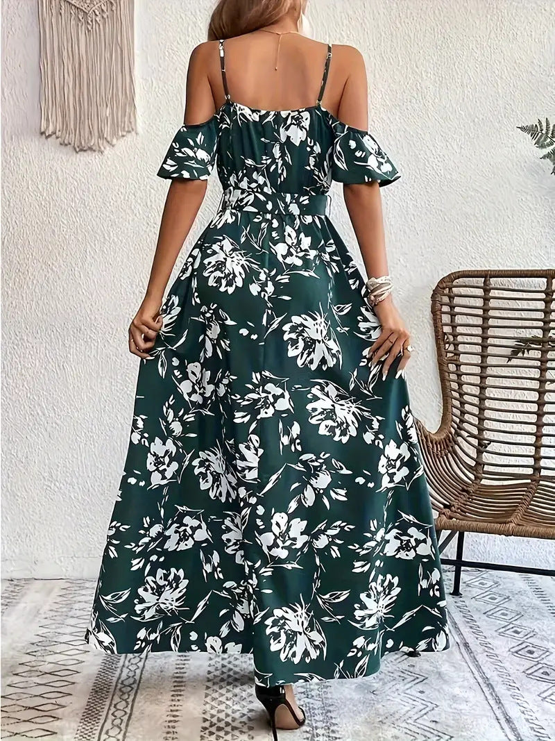 Ins Off-Shoulder Split Dress Summer Floral Print Suspender Long Dresses With Belt Design Women's Beach Clothing